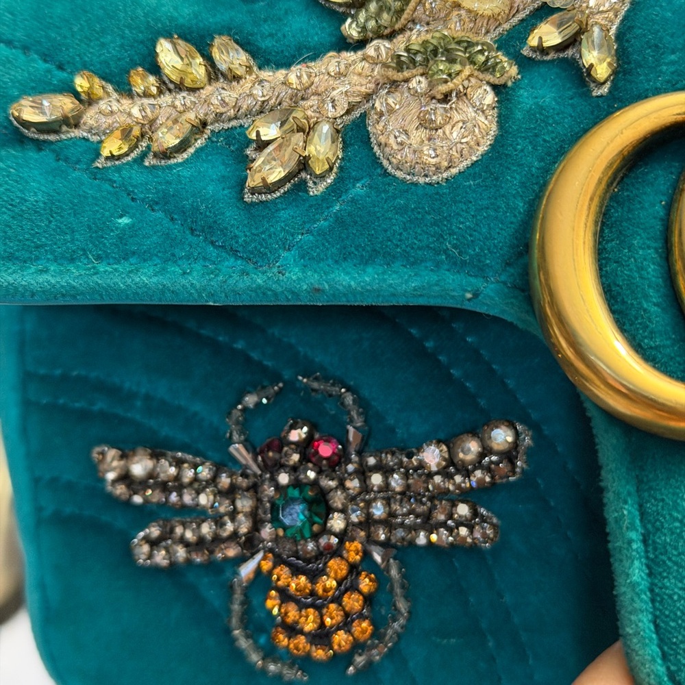 GG Marmont Teal Velvet Crystal Embellished Limited Edition Shoulder/Crossbody - Picture 4 of 16